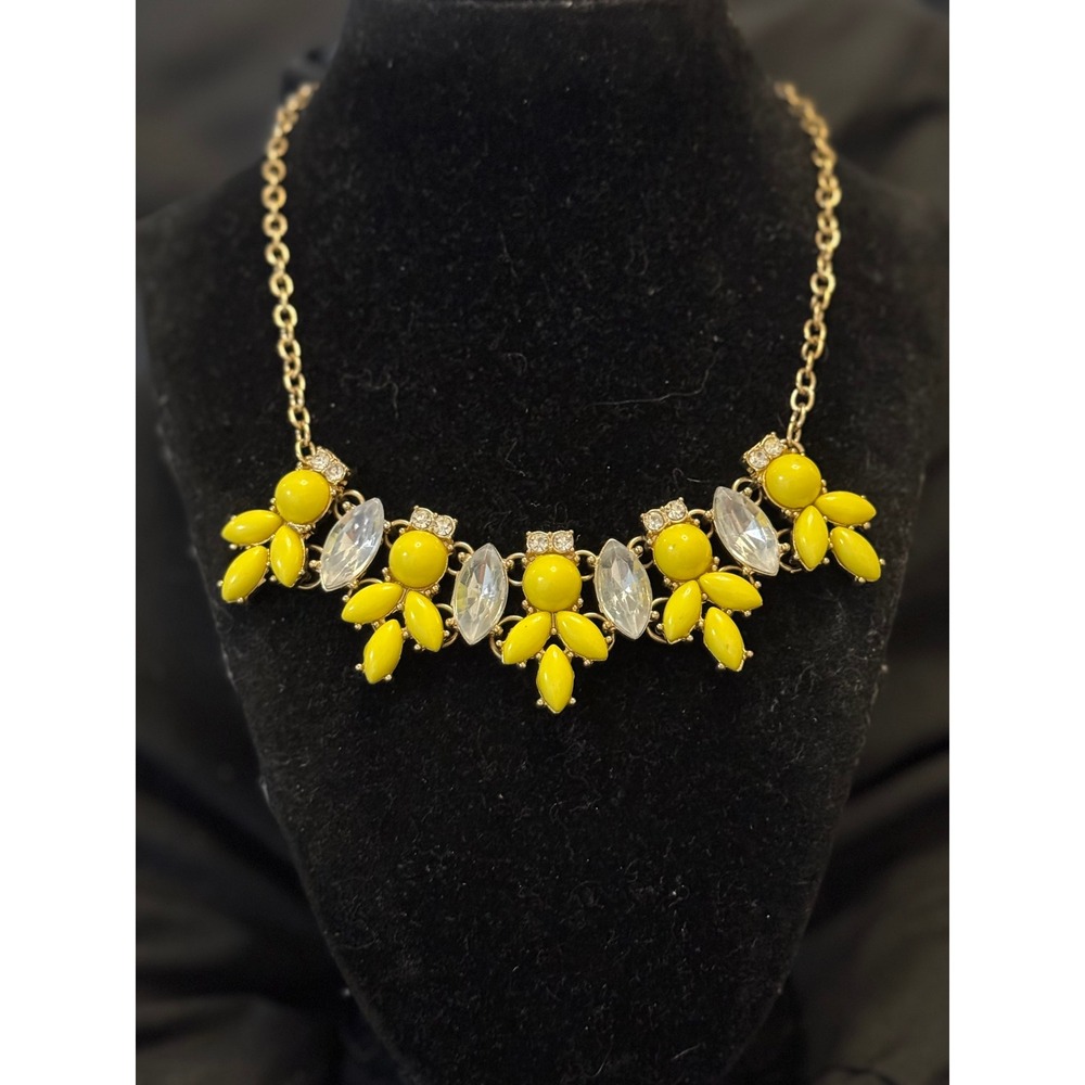Etc! Yellow Statement Bib Necklace Gold Tone Clear Crystal Floral Cluster 20in
